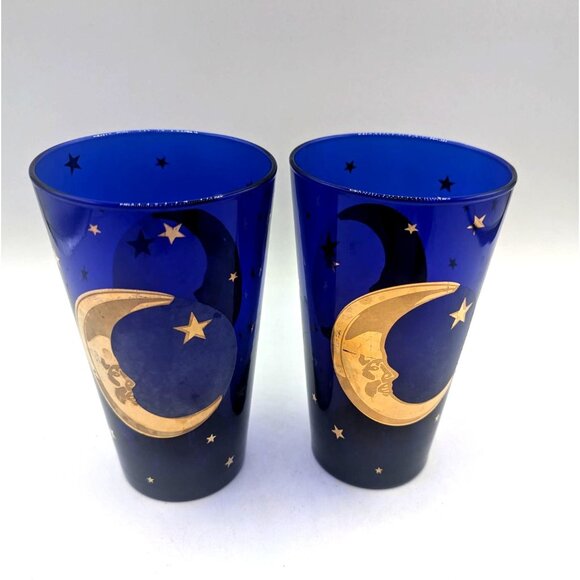Vintage Culver Blue Glasses With Gold Moon & Stars Design - Set Of 2 Made In USA - Picture 2 of 6